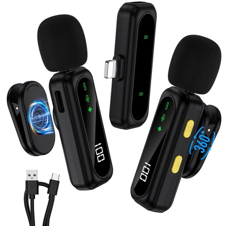 2Pack Wireless Microphone for iPhone,HopePow Mini Mic with LED Power Magnetic Lavalier Podcast Microphone for Video Recording,Mac,Interview,TikTok,Laptop,Live Stream,YouTube