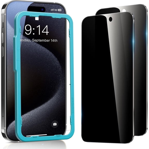 2Pack Privacy Screen Protector for iPhone 15 Pro with Easy Installation Frame, 9H Anti-Spy Privacy Tempered Glass Film, Anti-Shatter, Bubble Free