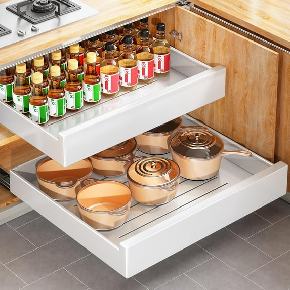 2Pack Pull out Cabinet Organizer, 21"Deep,Slide out Drawers for Kitchen Cabinets, Pull-Out Home Organizers with Adhesive Nano, Roll out Sliding Shelves for Bathroom, Pantry,Under Sink Storage,White
