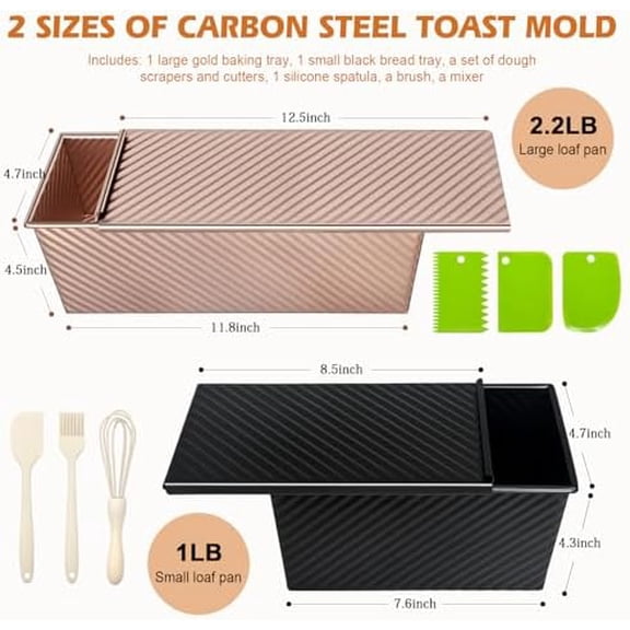 2Pack Pullman Loaf Pans with Lids – 2.2 LB & 1 LB Dough Capacity, Non-Stick Carbon Steel Bread Pans for Homemade Sandwich and Sourdough Bread, Corrugated Toast Mold