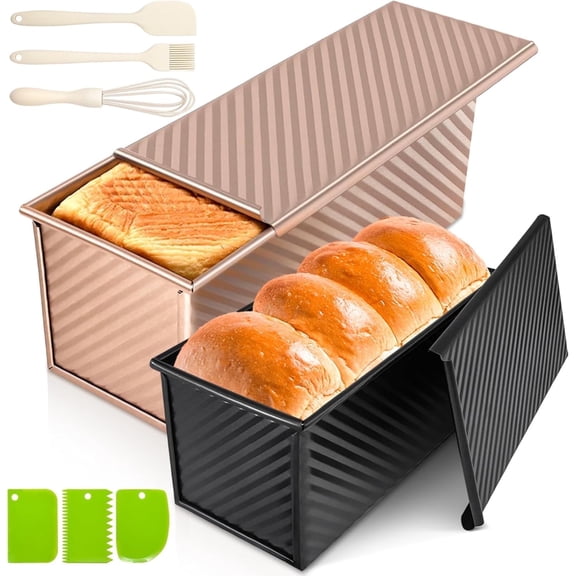 2Pack Pullman Loaf Pans with Lids, 2.2 LB & 1 LB Dough Capacity, Non-Stick Carbon Steel Bread Pans for Homemade Sandwich and Sourdough Bread