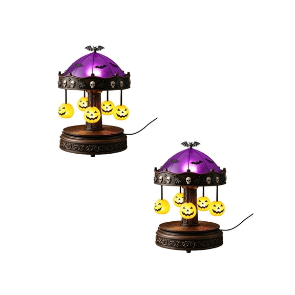 2Pack Pumpkin Carousel Night Light, Halloween Rotating Stained Glass Shade Floating Ghosts Pumpkins Table Lamp Usb Powered Purple Not Rotatable