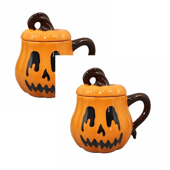 2Pack Pumpkin Mug With Lid – Ceramic Coffee Cup With Handle For Fall | Cute Pumpkin Drinkware For Milk Hot Drinks Tea Coffee | Autumn Themed Mug For Tabletop Home Kids Adults Glass&Bottle
