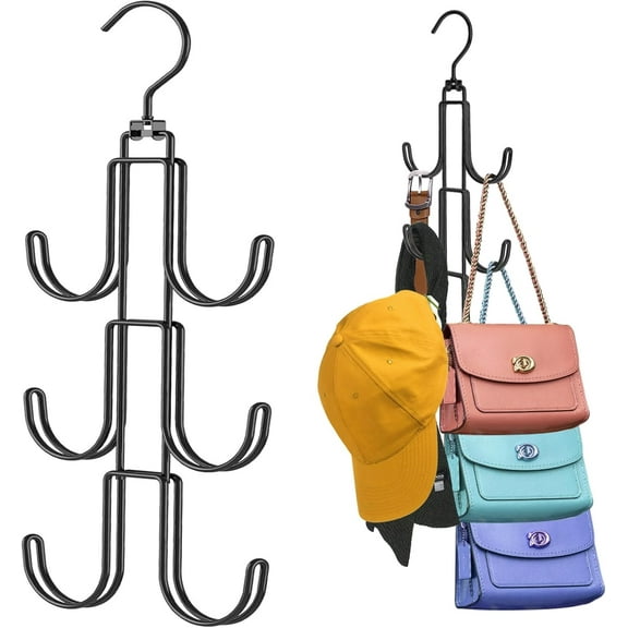 2Pack Purse Hanger Organizer for Closet,Handbag Hanging Organizer for Closet,Rotatable Purse Rack Space Saving Bag Hangers Closet Storage Hooks for Bags,Hats,Belt,Tie,Scarfs,Black