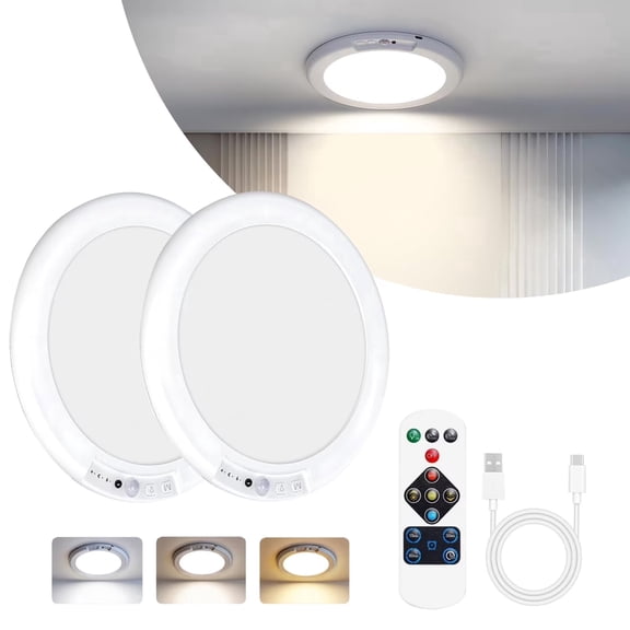 2Pack Rechargeable Ceiling Light whit Motion Sensor, Battery Operate LED Ceiling Light with Remote Supports 3 Color Temperature for Bathrooms, Storage Room, Laundry Room, Hallways, Porch, Doorstep