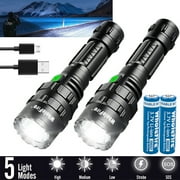 2Pack Rechargeable Flashlights LED High Lumens 5 Lighting Modes Adjustable Focus Flashlight with Rechargeable Battery for Camping, Hiking