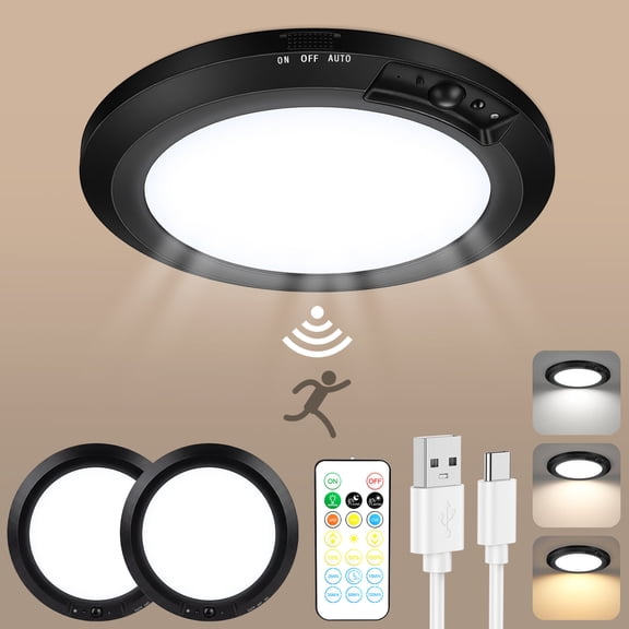 2Pack Rechargeable Motion Sensor Ceiling Light With Remote Control Closet Light,Magnetic Timing LED Shower Lights,Ceiling Lamp for Bathroom Pantry Shed Hallway Porch, Black
