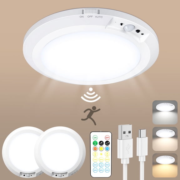 2Pack Rechargeable Motion Sensor Ceiling Light With Remote Control,Battery Operated Closet Light,Magnetic Timing LED Shower Lights,Ceiling Lamp for Bathroom Pantry Shed Hallway Porch, White
