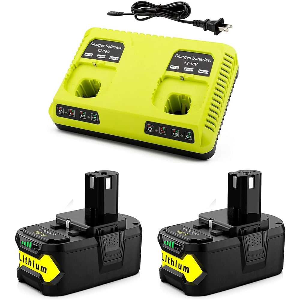 2Pack Replacement for Ryobi 18V Batteries 5.0Ah and 2-Port P117 Fast Charger for Ryobi ONE+ P108 P107 P105 P103 P102