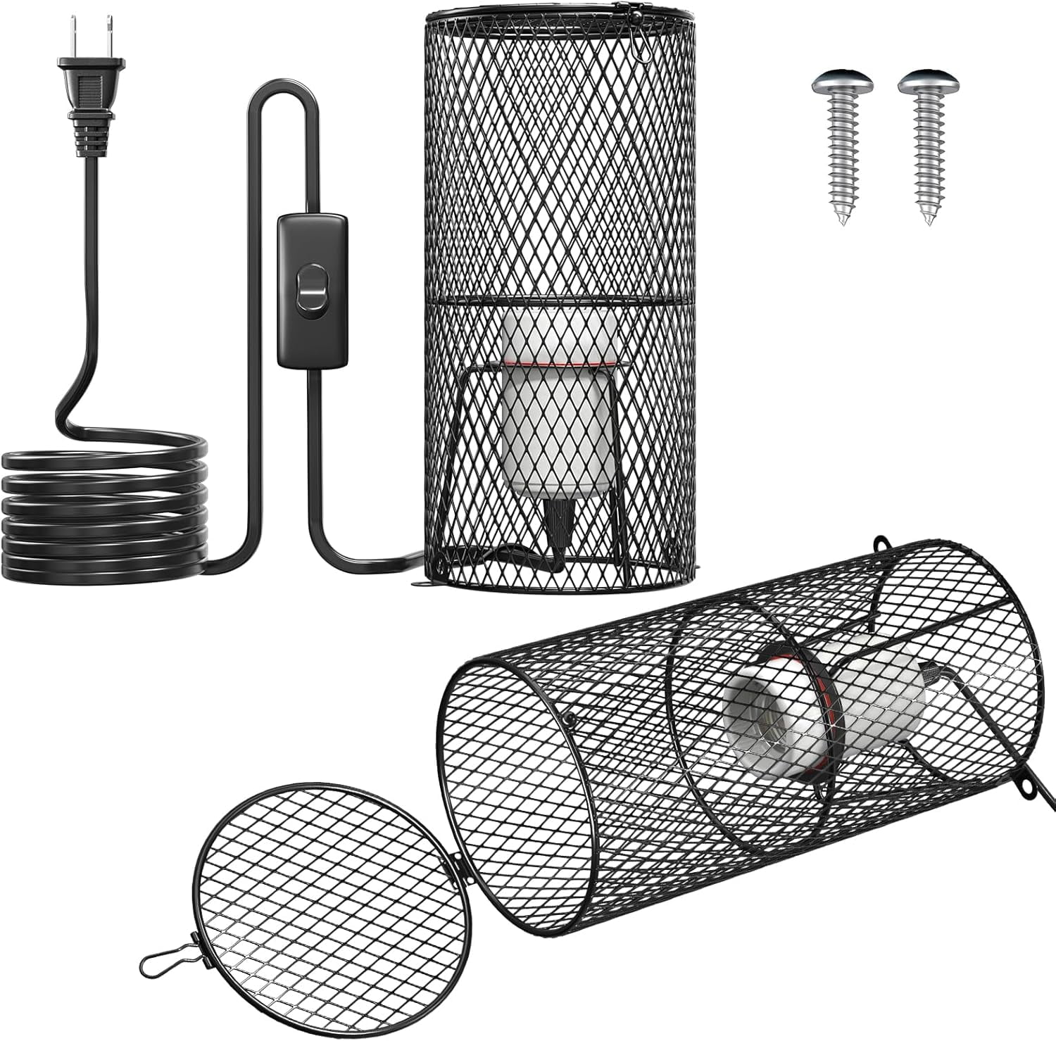 2Pack Reptile Heat Lamp Guard with 150W E26 Ceramic Lamp Holder,Anti Scald Mesh Cage Reptile Light Fixture with ON/Off Button for Reptile Lizard Snake Chick-Heat Bulb Not Included