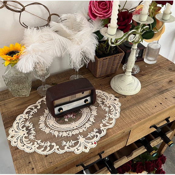 2Pack Retro Lace Placemats, French Crochet Doilies, Handmade Embroidered Table Mats, 12x16 in Place Mats Cup Mat (Beige)