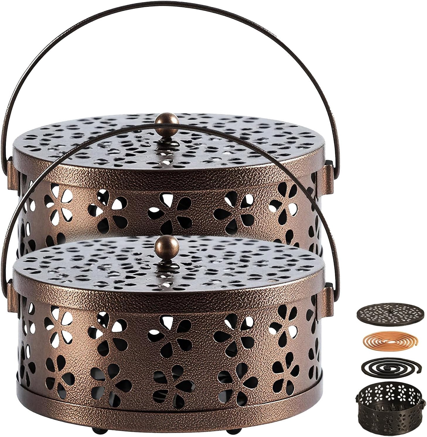 （2Pack,） Retro Portable Iron Mosquito Coil Holder with Handle Round Fireproof Incense Holder for Home Office.