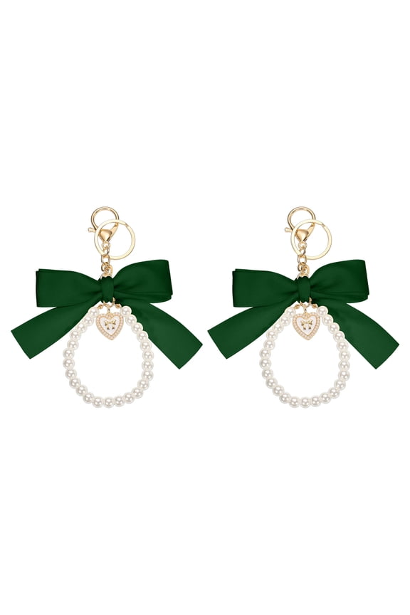 2Pack Ribbon Bow Keychain, Cute Pearl Wristlet Keychain, Bag Accessories Bow Charm Heart Pendant, Green