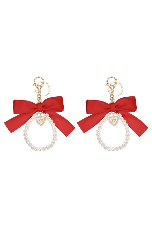 2Pack Ribbon Bow Keychain, Cute Pearl Wristlet Keychain, Bag Accessories Bow Charm Heart Pendant, Red