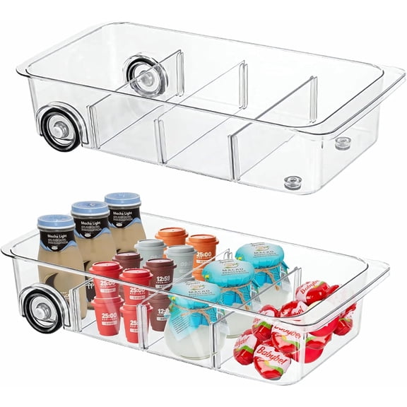 2Pack Roll Out Fridge Caddy Bins Pull Out Drawer with Wheels Refrigerator Organizer Bins with Handles Divided Fruit Caddy for Fridge Pantry Cabinet Storage Cans Drinks
