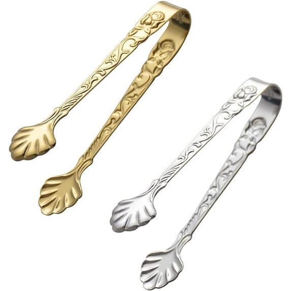 2Pack Rose Handle Sugar Tongs, Vintage Rose Relief Stainless Steel Ice Cube Clips Sugar Tongs Sliver and Gold Small Food Clips for Tea and Coffee Party, Appetizers Desserts Kitchen Barware