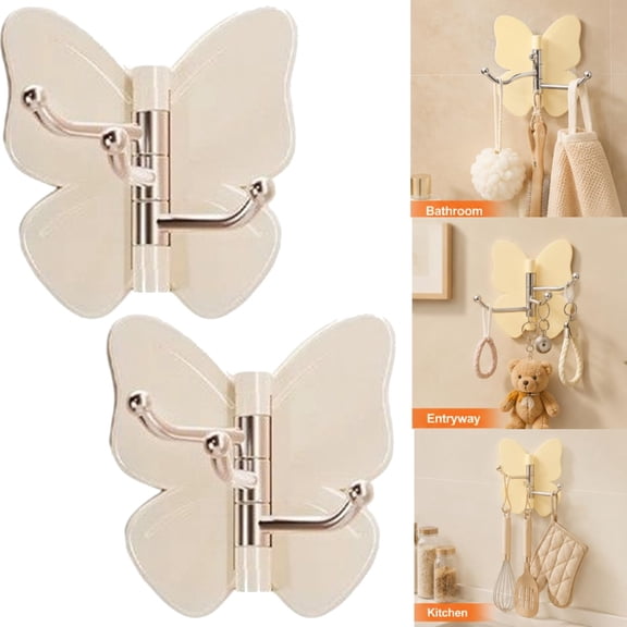 2Pack Rotating Butterfly Adhesive Wall Hooks,270° Swivel 3 Prong Design, Strong Stick On Organizer,Adjustable Wings for Inner & Outer Corners,Bathroom and Entryway(White)