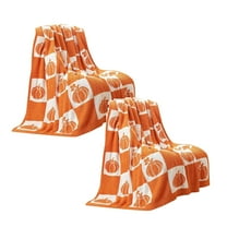 2Pack Sac Fall Blanket Orange Pumpkin Throw Blanket For Couch Ribbed Jacquard Soft Decorative Blanket Black White Checkered Pumpkin Throw Blankets For Halloween Blanket