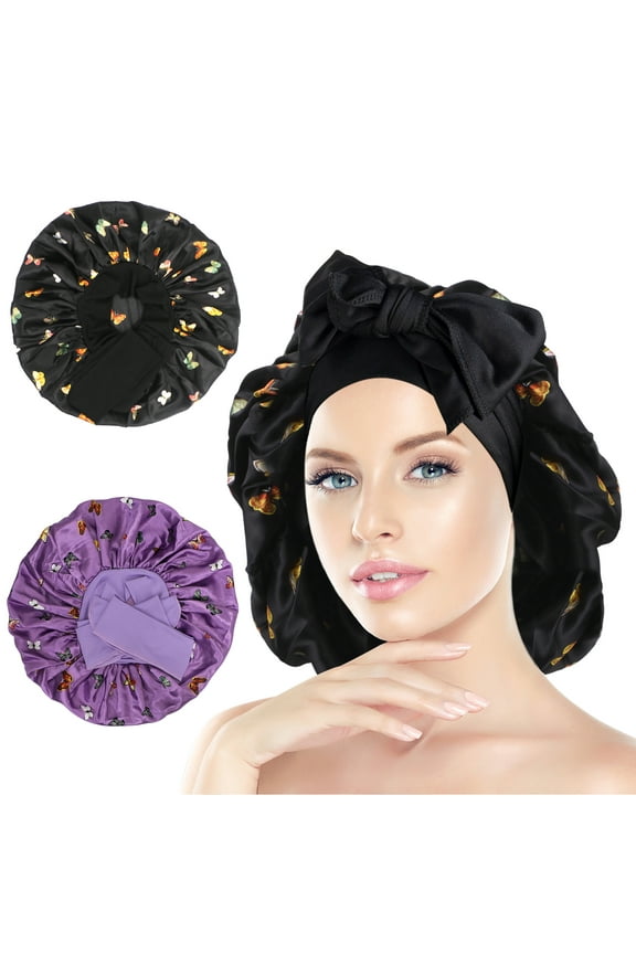 2Pack Satin Sleeping Bonnet, Large Satin Sleep Bonnet with Long Strap, Adjustable Sleep Cap Hair Bonnet for Women & Men, Black+Purple