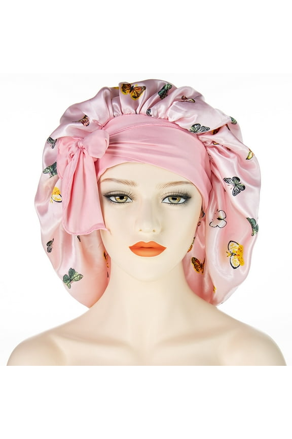 2Pack Satin Sleeping Bonnet, Large Satin Sleep Bonnet with Long Strap, Adjustable Sleep Cap Hair Bonnet for Women & Men  Pink