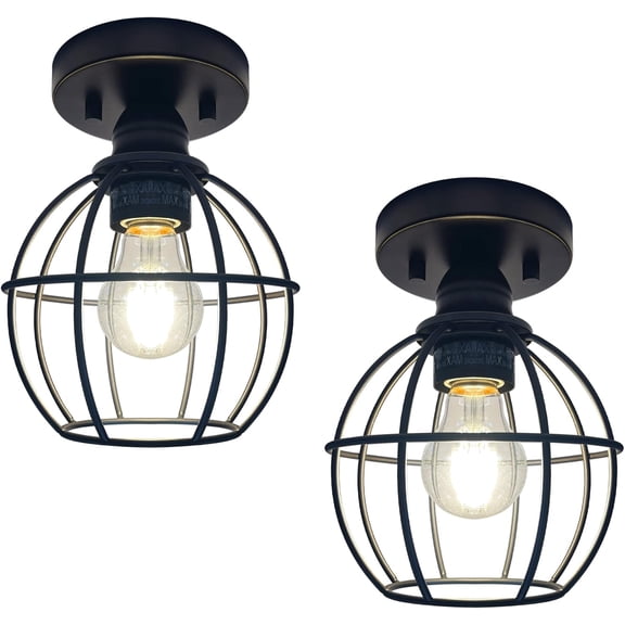 2Pack Semi Flush Mount Ceiling Light, Max 60W Bulb (2 x A19 LED Bulb Included), Oil Rubbed Bronze Metal Housing and Metal Cage Pendant Lamp, for Hallway, Stairway