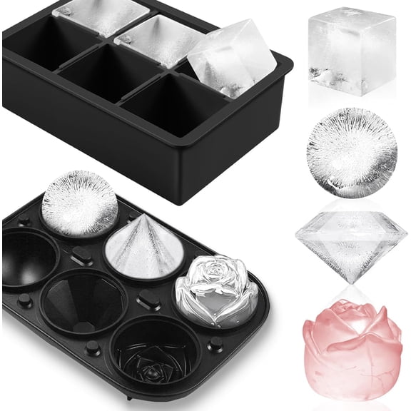 2Pack Silicone Square and Round Ice Cube Trays for Freezer - Sphere, Rose, Diamond Ice Molds for Whiskey, Cocktails & DIY, Black