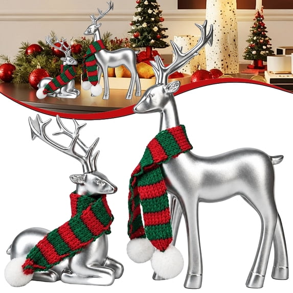 2Pack Silver Resin Christmas Deer Figurines,Shimmer Reindeer Statue,Tabletop Elk Ornament for Mantel Cabinet Living Room Winter Holiday Decoration
