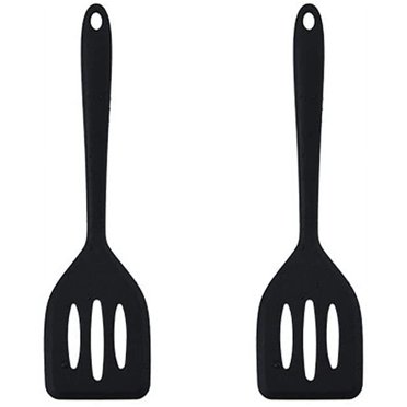 2Pack Small Silicone Turner High Heat Resistant Slotted Spatula for Fish, Eggs, Pancakes and More (8.2 IN, Black)