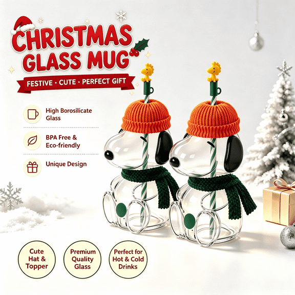 2Pack Snoo.py Inspired Cartoon Dog 20oz Limited Edition Glass Cold Cup Tumbler with Straw, Knitted Beanie Hat and Scarf Decor for Iced Coffee & Cold Drinks Christmas Gifts