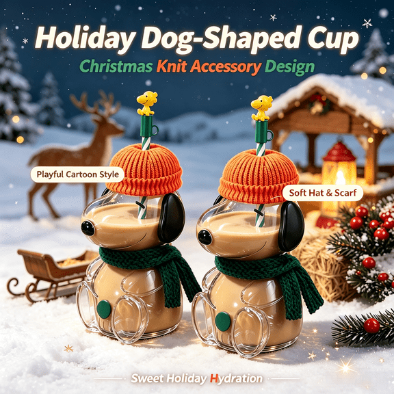 2Pack Snoo.py Inspired Cartoon Dog Glass Cup with Straw, Knitted Beanie Hat and Scarf Decor, 20oz Reusable Glass Tumbler for Juice Milk Tea Smoothies Water Christmas Gifts
