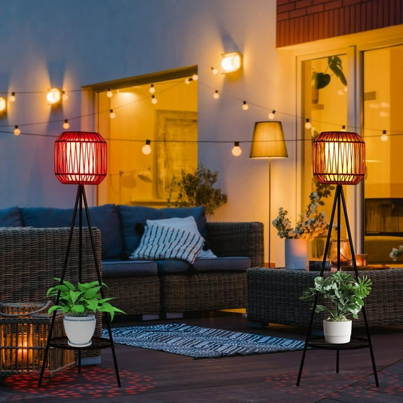 2Pack Solar Floor Lamps 9 Color Options, USB Charge & Solar Powered Outdoor Rattan Lanterns with Plant Stand for Patio, Yard, Pathway & Porch Decoration