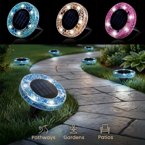 2Pack Solar Mosaic Disk Garden Light – 6 LED Outdoor Solar Light with 4 Corner Stakes, Glass Mosaic Decorative Lamp for Pathway Patio Lawn, Auto On/Off