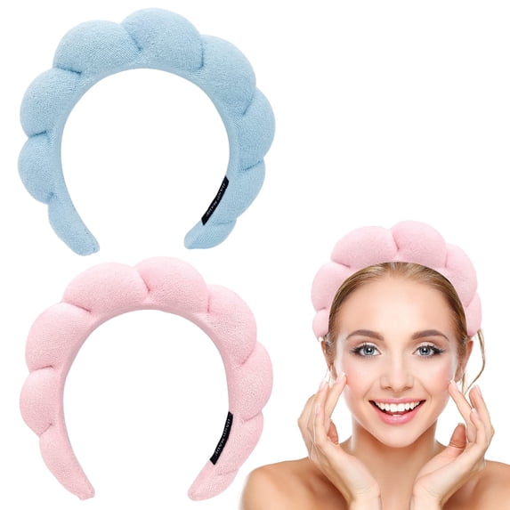 2Pack Spa Headband for Women, Mimi and Co Spa Headband, Makeup Headband Sponge & Terry Towel Cloth Fabric Hair Band for Washing Face, Skincare, Makeup Removal, Hair Accessories