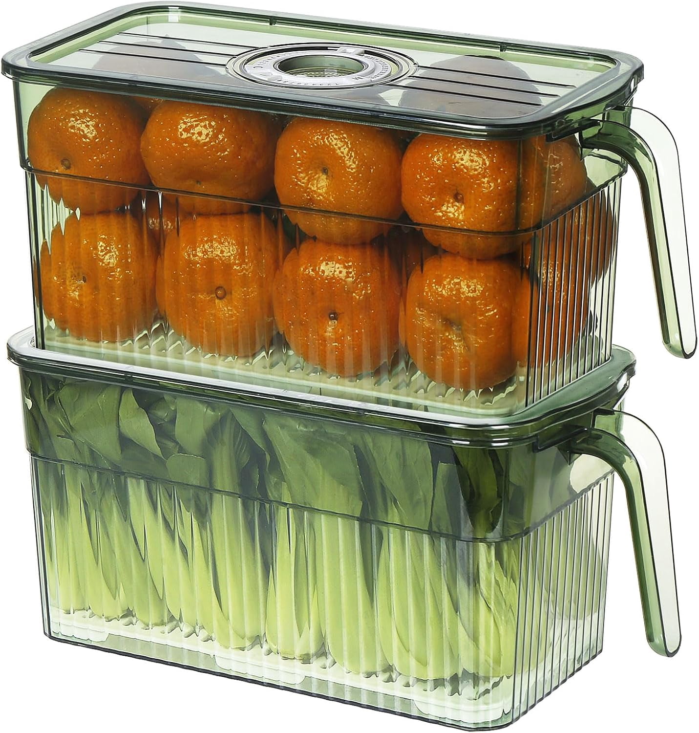 2Pack Stackable Food Storage Produce Saver Containers for Refrigerator, Berry Keeper Boxes for Fridge with Removable Drain Tray Keep Fresh for Vegetables/Fruit/Meat/Salad