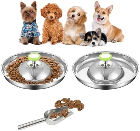 2Pack Stainless Steel Puppy Bowls, Pet Weaning Feeding Dish with Scoop for Litters Pets Silver Dog Food and Water Slow Feeder Bowl with Handle Container for Dogs Cats (M:11.8" Dia, 5¼ Cups)