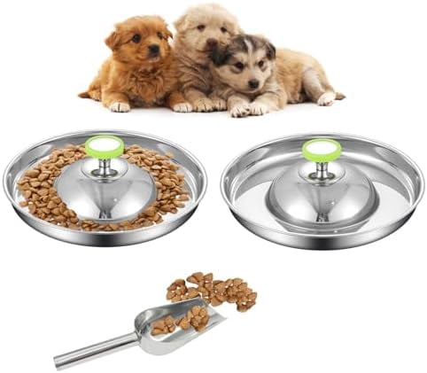 2Pack Stainless Steel Puppy Bowls, Pet Weaning Feeding Dish with Scoop for Litters Pets Silver Dog Food and Water Slow Feeder Bowl with Handle Container for Dogs Cats(S: 9.8" Dia, 4¼ Cups)