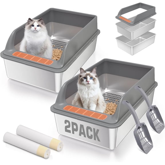 2Pack Stainless Steel Sifting Litter Box with Lid for Pine Pellets and Large Cats