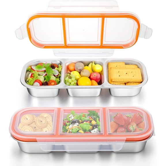 Stainless Steel Snack Containers 2 Pack, Reusable Metal Snack Box Containers with Lids, 3 Compartment Leakproof Snack Prep Containers for Kids, Adult, Home, Travel - BPA Free