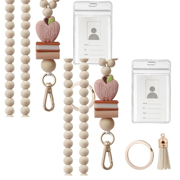2Pack Teacher Lanyard With Id Holder Fashion Wood Beaded Lanyard For Keys Super Cute Boho Breakaway Lanyard For Women Excluding Paper Cards Office&Craft&Stationery Home Decor