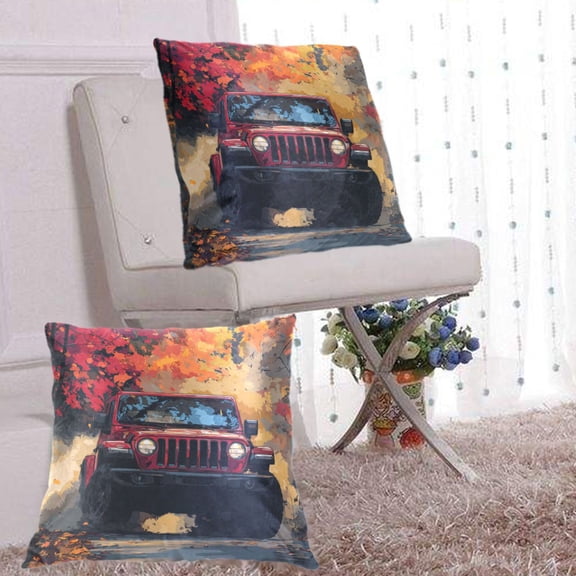 2Pack Throw Pillow Covers 20x20 Inch, Cotton Flannel Decorative Pillow Cases, Double-Sided Print with Hidden Zipper, Washable Anti-Shrink for Home Decor Autumn Trail Red Off-road Jeep
