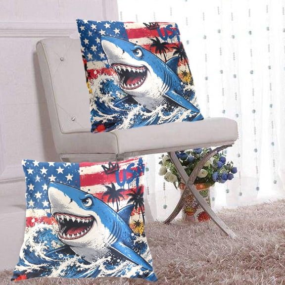 2Pack Throw Pillow Covers 20x20 Inch, Cotton Flannel Decorative Pillow Cases, Double-Sided Print with Hidden Zipper, Washable Anti-Shrink for Home Decor Graffiti Shark American Flag Art
