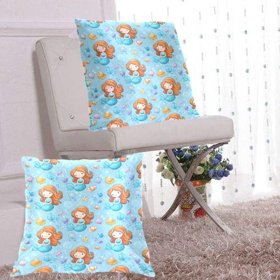2Pack Throw Pillow Covers 20x20 Inch, Cotton Flannel Decorative Pillow Cases, Double-Sided Print with Hidden Zipper, Washable Anti-Shrink for Home Decor Little Mermaids and Seashells