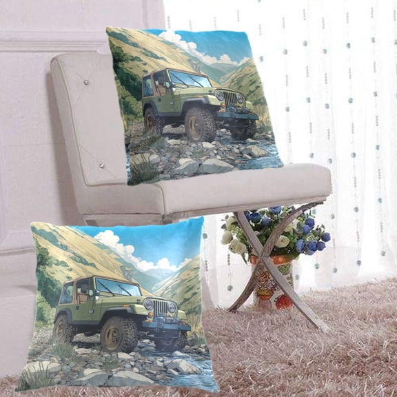 2Pack Throw Pillow Covers 20x20 Inch, Cotton Flannel Decorative Pillow Cases, Double-Sided Print with Hidden Zipper, Washable Anti-Shrink for Home Decor Mountain Stream Jeep Adventure