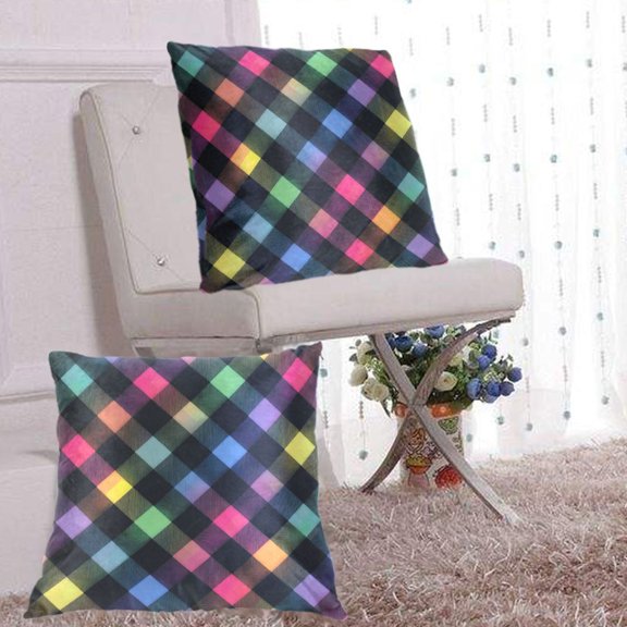 2Pack Throw Pillow Covers 20x20 Inch, Cotton Flannel Decorative Pillow Cases, Double-Sided Print with Hidden Zipper, Washable Anti-Shrink for Home Decor Neon Rainbow Checkered Pattern