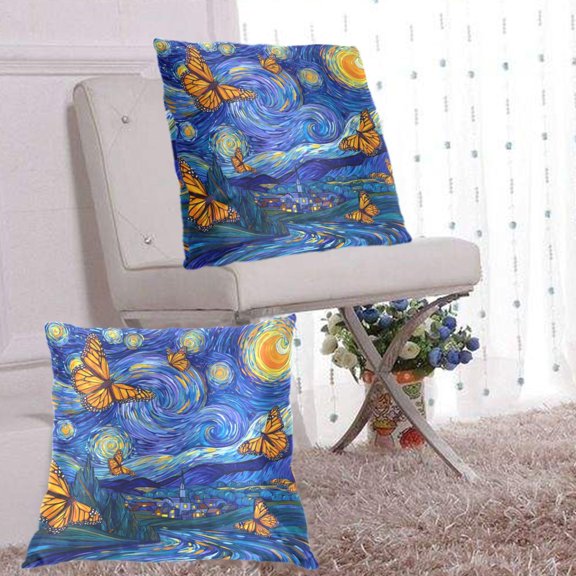 2Pack Throw Pillow Covers 20x20 Inch, Cotton Flannel Decorative Pillow Cases, Double-Sided Print with Hidden Zipper, Washable Anti-Shrink for Home Decor Starry Monarch Butterflies