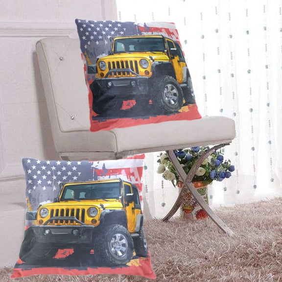 2Pack Throw Pillow Covers 20x20 Inch, Cotton Flannel Decorative Pillow Cases, Double-Sided Print with Hidden Zipper, Washable Anti-Shrink for Home Decor Yellow Jeep Car Pattern