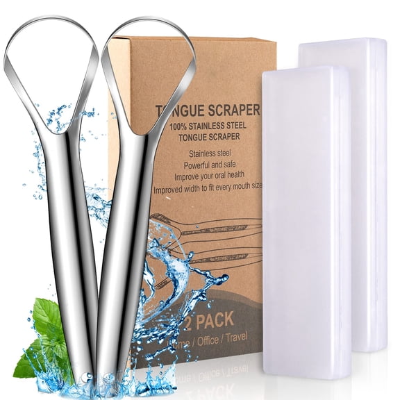 2Pack Tongue Scraper Cleaner for Adults Fights Bad Breath 100% Stainless Steel Tongue Scrapers Cleaners with Travel Case Professional Tongue Cleaners for Adults Men Women Kids