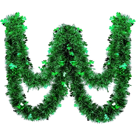 2Pack Total 13.1 FT St. Patrick's Day Tinsel Garland Shamrock Clover Green Tinsel Garland St Patricks Day Decorations Metallic Twist Garland for Irish Party Outdoor Indoor Window Home Tree Decoration