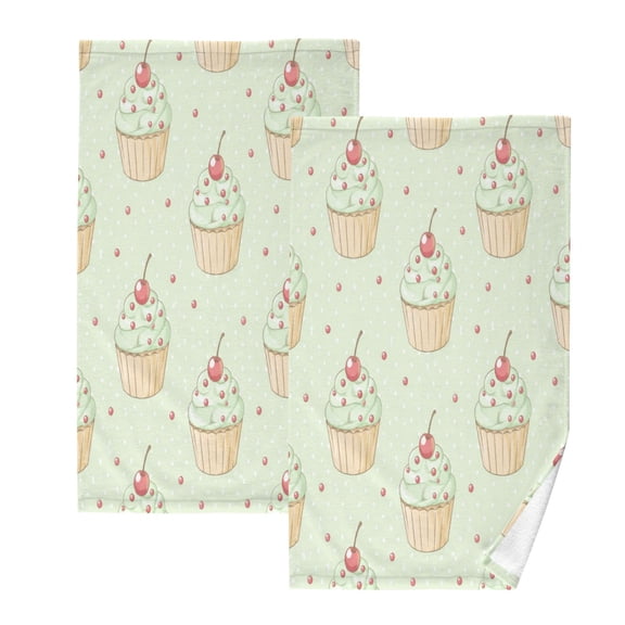 2Pack Towel Set Soft 100% Cotton Absorbent Face Towels Mint Green Cupcake Pattern