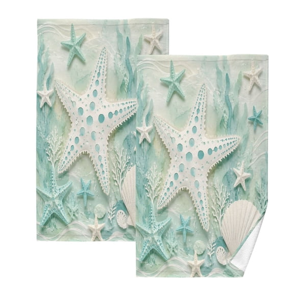 2Pack Towel Set Soft 100% Cotton Absorbent Face Towels Mint Green Starfish